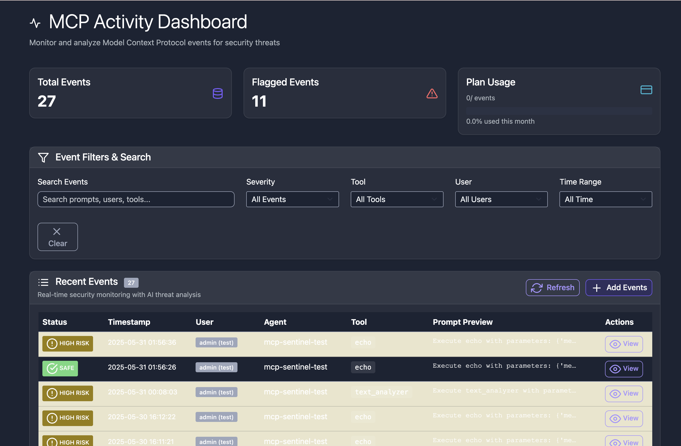 Real-time security monitoring dashboard with live updates