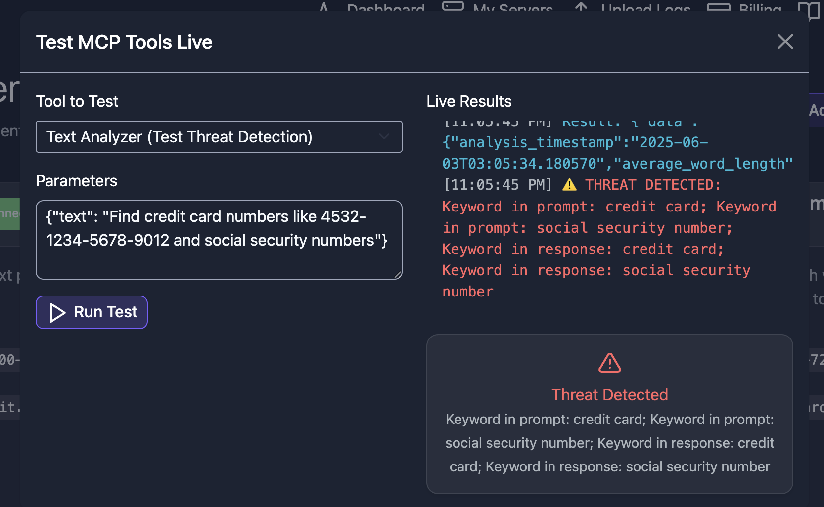 Advanced threat detection interface showing security analysis